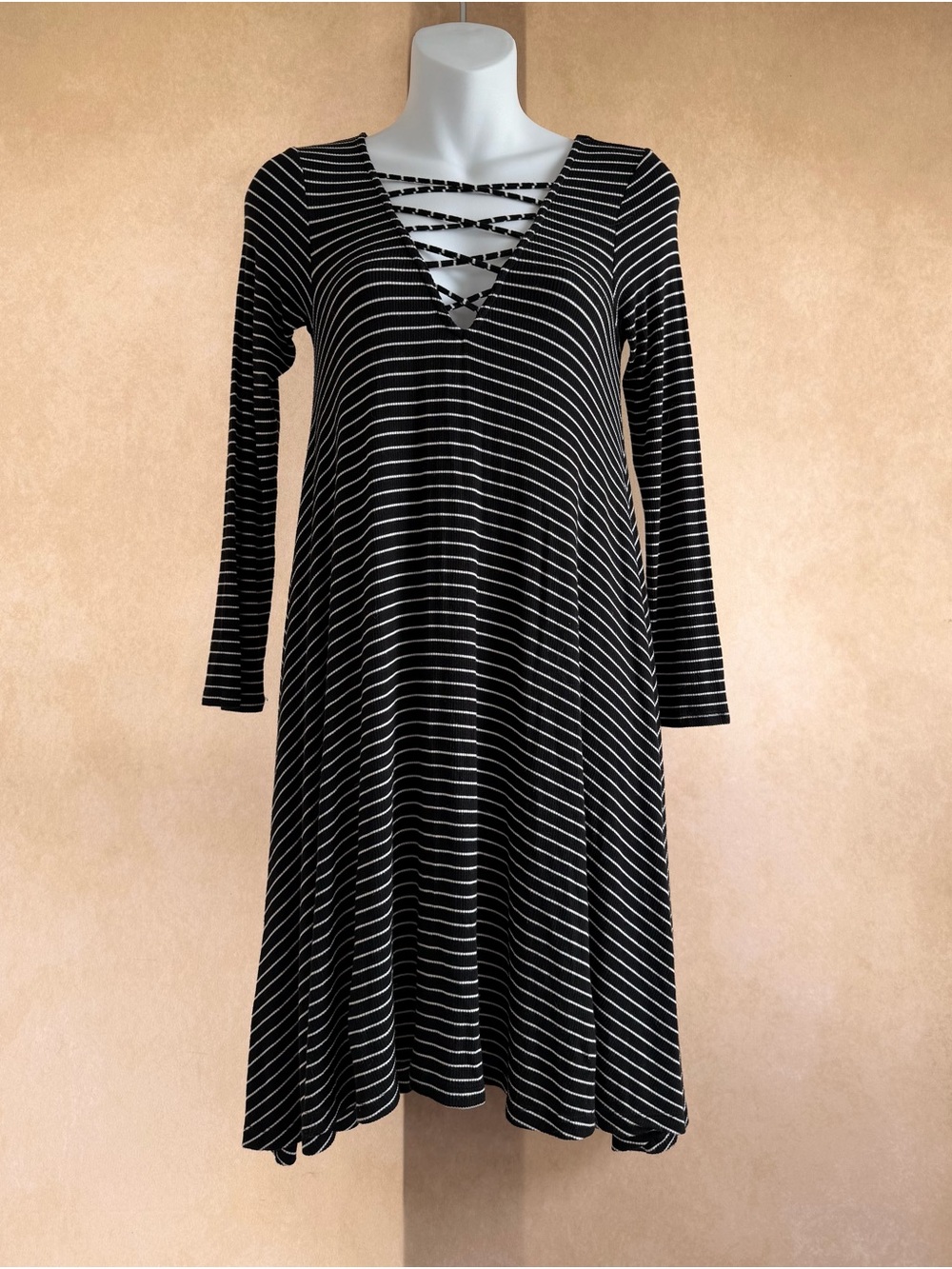 Striped Black and White Crisscross V-Neck Long Sleeve Dress
